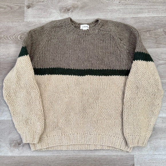 Vintage J.CREW Mens L Sweater Hand Knit 100% Wool Striped Fisherman Thick Heavy